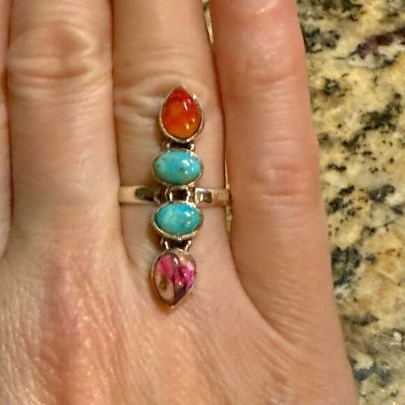 Southwestern Multi Turquoise & Carnelian Sterling Silver Ring Artisan Made Sz 8 - Picture 4 of 6